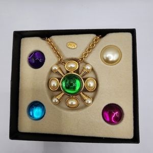 Kenneth Jay Lane Gold Long Necklace Interchangeable Cabachon Magnet Gems Pendant